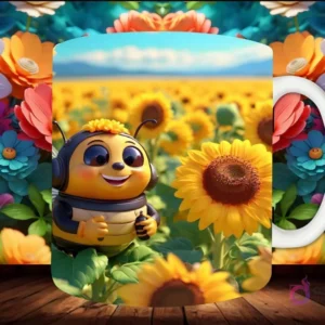 Mockup de taza sublimada con un girasol 3D sonriente en una maceta marrón, con un fondo brillante y floral.