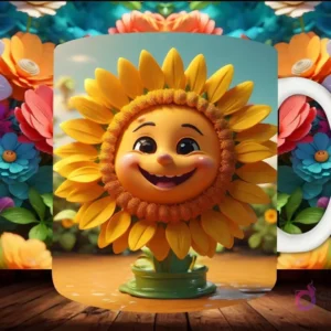 Mockup de taza sublimada con un personaje de girasol 3D sonriente, sentado en hojas verdes, sobre fondo floral multicolor.