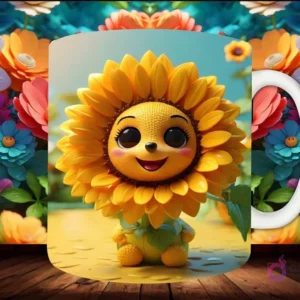 Mockup de taza sublimada con un adorable personaje de girasol 3D en una pose juguetona, sobre una superficie amarilla con gotas de agua.