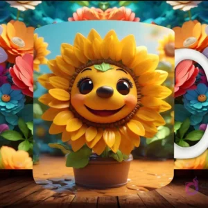 Mockup de taza sublimada con un personaje de girasol 3D sonriente en maceta de terracota, con pétalos caídos, sobre fondo floral.