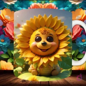Mockup de taza sublimada con un personaje de girasol 3D muy sonriente, con un cuerpo regordete y hojas pequeñas.