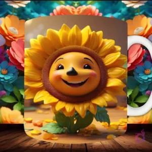 Mockup de taza sublimada con un personaje de girasol 3D sonriente con cabeza grande, rodeado de hojas secas, sobre fondo floral.