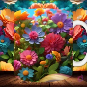Mockup de taza sublimada con un primer plano de un jardín de flores 3D de colores intensos y contrastantes, como dalias y margaritas.
