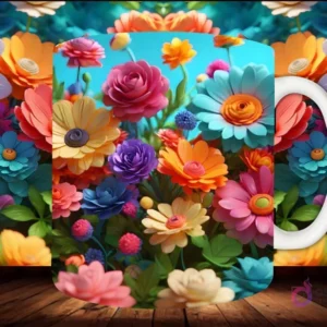 Mockup de taza sublimada con una composición densa de flores 3D de diferentes especies en una paleta de colores vivos y variados.