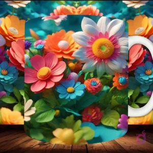Mockup de taza sublimada con un paisaje florido de flores 3D vibrantes, con pétalos morados y azules en el suelo.