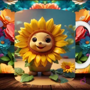 Mockup de taza sublimada con un personaje de girasol 3D sonriente en una pequeña maceta, sobre fondo floral.