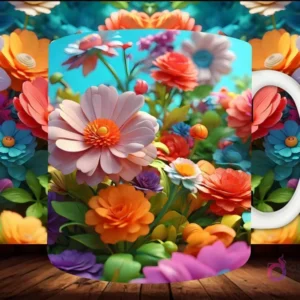 Mockup de taza sublimada con una composición de flores 3D de diversos tamaños y colores, creando un ramo alegre y lleno de vida.