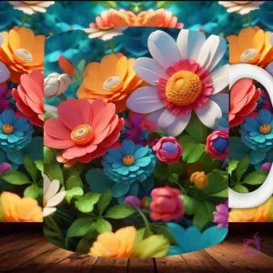 Mockup de taza sublimada con un vibrante ramo de flores 3D variadas, incluyendo margaritas blancas y flores azules.