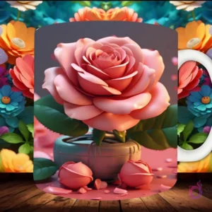 Mockup de taza sublimada con una gran rosa 3D rosa en una pequeña maceta cilíndrica, con brotes de rosa al pie.