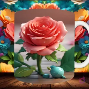 Mockup de taza sublimada con una rosa 3D rosa detallada, con pequeñas gotas y un brote verde en la base.