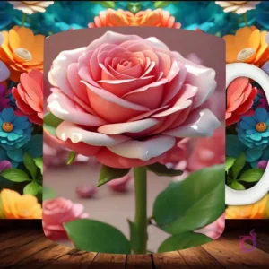 Mockup de taza sublimada con una elegante rosa 3D rosa, con gotas de agua, y pétalos delicadamente doblados.