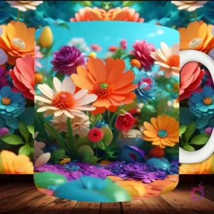 Mockup de taza sublimada con una rosa 3D rosa floreciendo, con pétalos sueltos y un ambiente etéreo, sobre fondo floral.