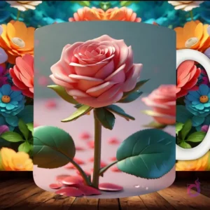 Mockup de taza sublimada con una rosa 3D rosa floreciendo, con pétalos dispersos alrededor de su base, sobre fondo floral.