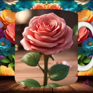Mockup de taza sublimada con una rosa 3D rosa, detallada con gotas de rocío, sobre fondo floral vibrante y superficie de madera.