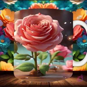 Mockup de taza sublimada con una rosa 3D rosa de tallo largo con hojas, sobre una superficie de madera y fondo floral multicolor.