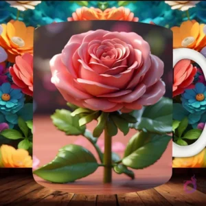 Mockup de taza sublimada con una rosa 3D rosa vibrante, tallo y hojas verdes, sobre un fondo suave y una superficie de madera.