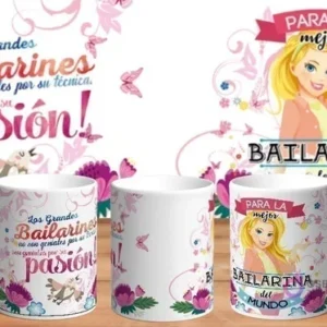 Mockup de taza sublimada con diseño 'Para la mejor Bailarina del mundo', mostrando mujer bailando y texto sobre la pasión con mariposas.