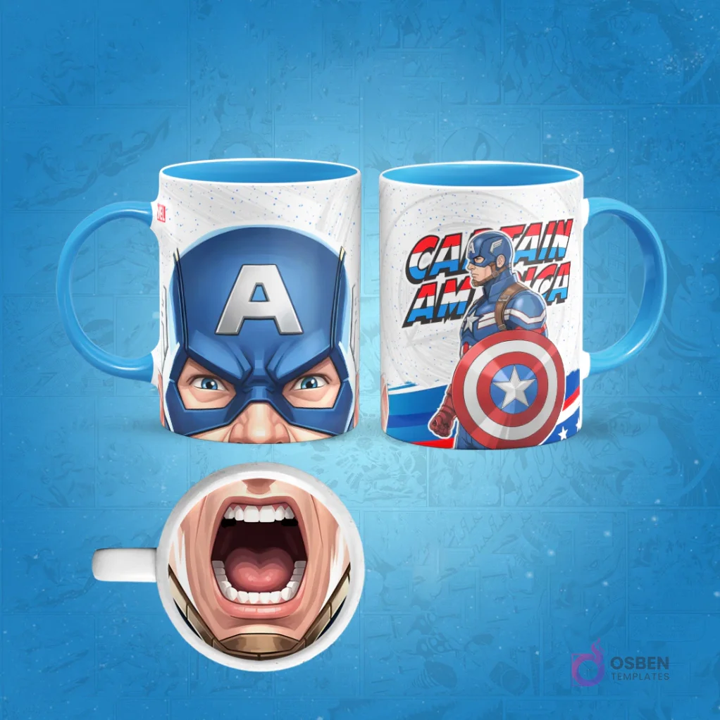 Taza de sublimación del Capitán América con borde azul claro, diseño frontal de su casco y posterior con escudo, con una boca abierta gritando en la base. Taza de sublimación del Capitán América con borde azul claro, diseño frontal de su casco y posterior con escudo, con una boca abierta gritando en la base.