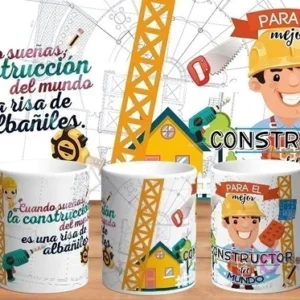 Mockup de taza sublimada con diseño 'Para el mejor Constructor del mundo', mostrando un obrero sonriente, grúas y herramientas, con frase de albañiles.