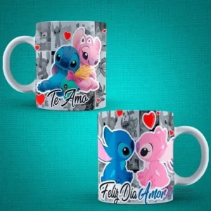Tazas de sublimación románticas con Stitch y Angel para el Día del Amor, mostrando las frases 'Te Amo' y 'Feliz Día Amor'.