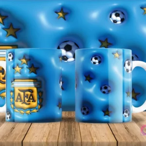 Diseño de tazas de sublimación con tema de fútbol de Argentina, logo AFA 3D inflado y balones sobre fondo azul.