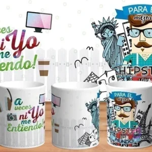 Mockup de taza sublimada con diseño 'Para el mejor Hipster del mundo', con hombre barbudo, gafas y elementos urbanos como la Torre Eiffel y Estatua de la Libertad.