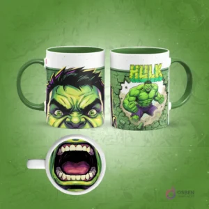 Taza de sublimación de Hulk con borde verde, diseño frontal de su rostro furioso y posterior rompiendo una pared, con una boca rugiendo en la base.