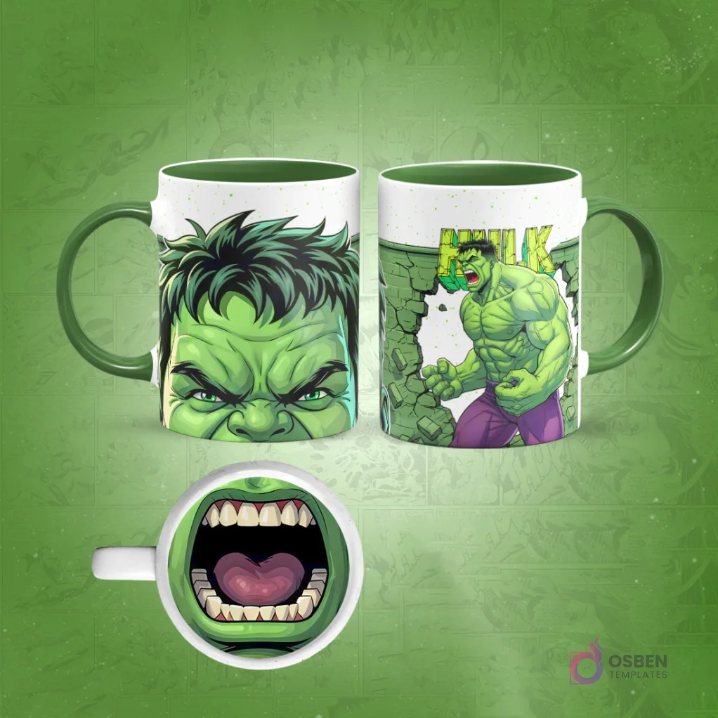 Taza de sublimación de Hulk con borde verde oscuro, diseño frontal de su rostro furioso y posterior rompiendo una pared, con una boca rugiendo en la base. Taza de sublimación de Hulk con borde verde oscuro, diseño frontal de su rostro furioso y posterior rompiendo una pared, con una boca rugiendo en la base.