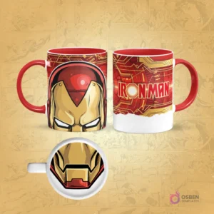 Taza de sublimación de Iron Man con borde rojo, diseño frontal de su casco realista y posterior con texturas de armadura, con un detalle de la boca de la armadura en la base.