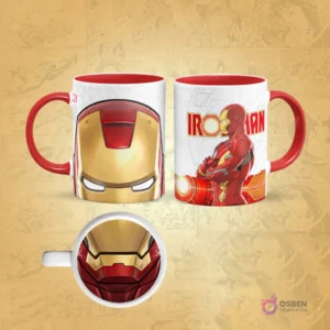 Taza de sublimación de Iron Man con borde rojo, diseño frontal de su casco cerrado y posterior lanzando un rayo, con un detalle de la boca de la armadura en la base.
