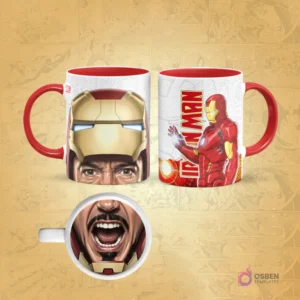 Taza de sublimación de Iron Man con borde rojo, diseño frontal de su casco clásico y posterior de cuerpo completo, con una boca abierta de Tony Stark en la base.