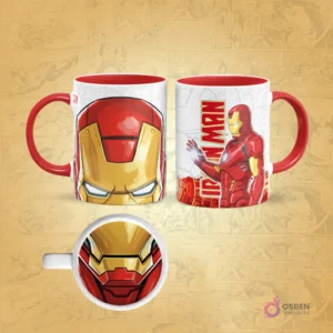 Taza de sublimación de Iron Man con borde rojo, diseño frontal de su casco cerrado y posterior con diseño de circuitos, con un detalle de la boca de la armadura en la base.