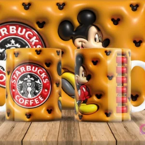 Taza sublimada de Mickey Mouse 3D inflado con diseño Starbucks en amarillo, mostrando el menú de café.