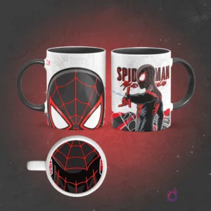 Taza de sublimación de Miles Morales Spider-Man con borde negro, diseño frontal de su máscara y posterior lanzando una telaraña, con una boca abierta en la base.