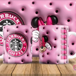 Minnie Mouse estilo 3D inflado con diseño Starbucks en taza de sublimación y fondo rosa con lunares negros.
