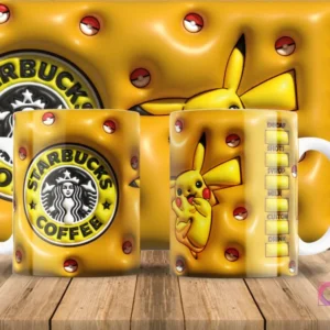 Pikachu estilo 3D inflado con diseño Starbucks en taza de sublimación y fondo amarillo con pokebolas.
