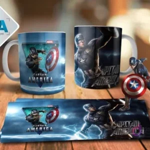 Maqueta de taza sublimada con diseño de Capitán América en realidad aumentada, vista frontal y trasera, junto a la plantilla de impresión y una figura 3D del personaje con su escudo.