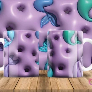 Diseño de tazas de sublimación con colas de sirena 3D infladas en tonos pastel azul y morado sobre fondo lila.