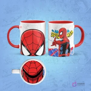Taza de sublimación de Spider-Man clásico con borde rojo, diseño frontal de su rostro y posterior de cuerpo completo, con una boca cómica abierta en la base.