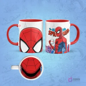 Taza de sublimación de Spider-Man clásico con borde rojo, diseño frontal de su máscara y posterior sosteniendo una taza, con una boca sonriente en la base.