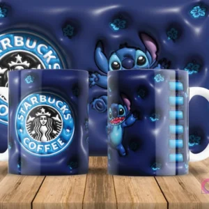 Stitch estilo 3D inflado con diseño Starbucks en taza de sublimación y fondo azul con flores.