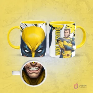 Taza de sublimación de Wolverine con borde amarillo, diseño frontal de su máscara y posterior de cuerpo completo con garras, con una boca furiosa en la base.