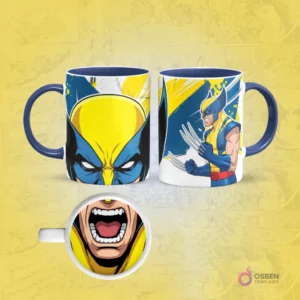 Taza de sublimación de Wolverine con borde azul, diseño frontal de su máscara amarilla y posterior con garras extendidas, con una boca abierta gritando en la base.