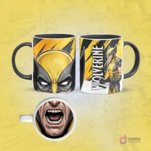 Taza de sublimación de Wolverine con borde negro, diseño frontal de su máscara amarilla y posterior de cuerpo completo, con una boca furiosa en la base.