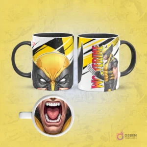 Taza de sublimación de Wolverine con borde negro, diseño frontal de su máscara amarilla y posterior en pose de ataque, con una boca abierta en la base.