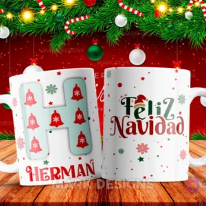Taza sublimada con la letra H mayúscula en turquesa adornada con campanas, junto al nombre 'HERMAN' y al reverso 'Feliz Navidad' con estrellas y copos de nieve.