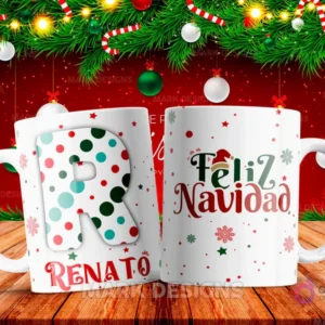 Taza sublimada con la letra R mayúscula en verde y rojo con lunares, junto al nombre 'RENATO' y al reverso 'Feliz Navidad' con estrellas y copos de nieve.