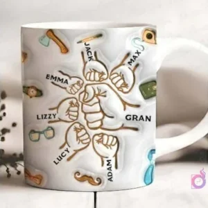 Taza sublimada individual con plantilla de puños familiares del Día del Padre, destacando nombres como Jack, Max, Emma y Adam con iconos de papá.