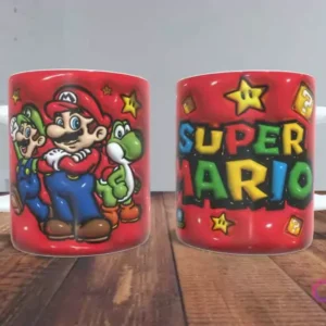 Taza sublimada roja con efecto 3D de Mario, Luigi y Yoshi sonriendo en un lado, y el logo