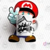 Mockup de taza blanca con diseño 'SUPER PAPÁ GAMER' y personaje de Mario Bros con fondo rayado y dibujos de fantasmas, estrellas y calamares